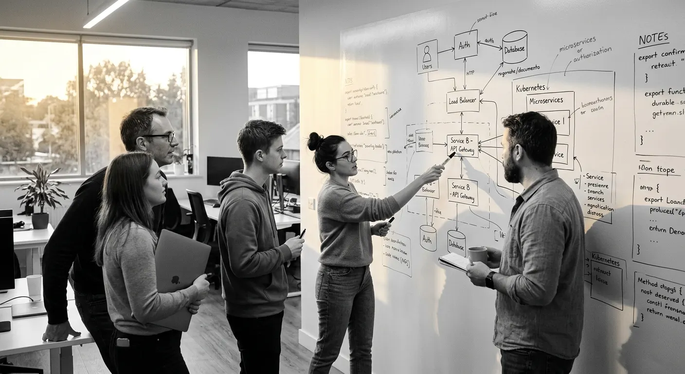 A product team talking through a system architecture diagram drawn on a whiteboard wall