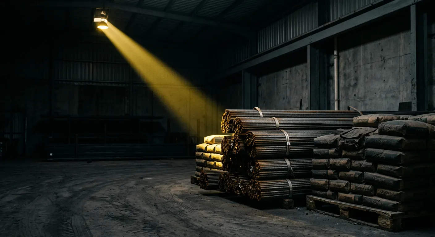 Stacked steel rebar and cement bags in a warehouse lit by a single beam of yellow light